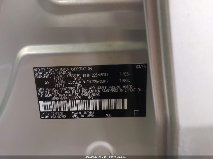 2015 Toyota Rav4 Xle VIN: JTMRFREV9FD130505 Lot: 43944163