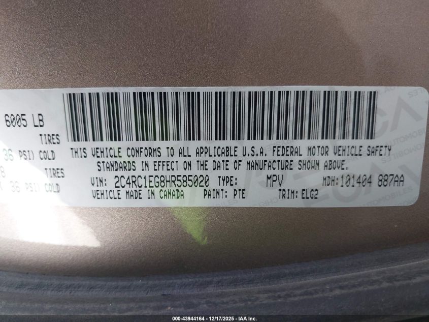 2017 Chrysler Pacifica Touring-L Plus VIN: 2C4RC1EG8HR585020 Lot: 43944164