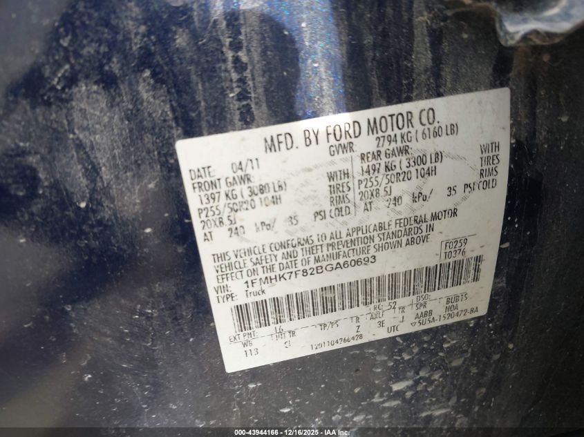 2011 Ford Explorer Limited VIN: 1FMHK7F82BGA60693 Lot: 43944166