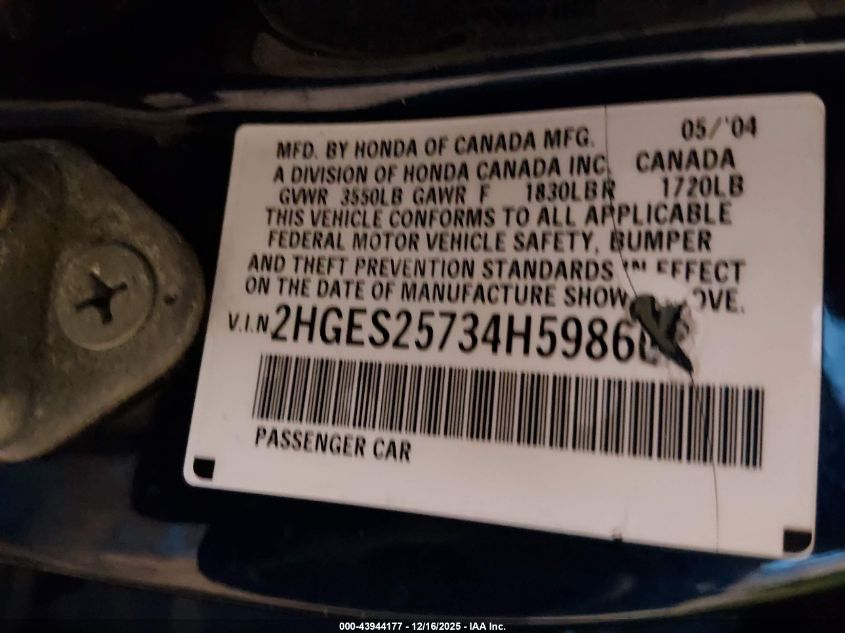 2004 Honda Civic Ex VIN: 2HGES25734H598668 Lot: 43944177