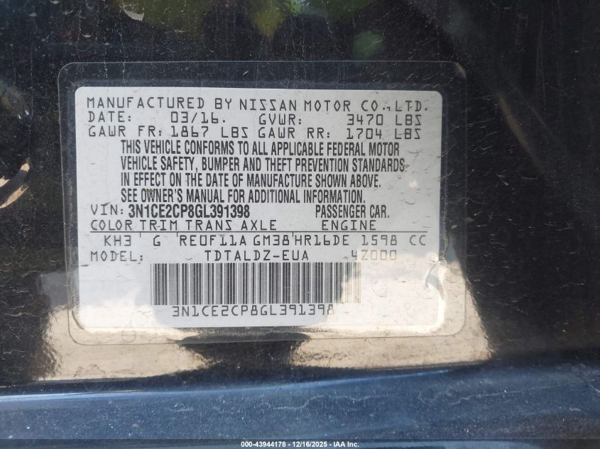 2016 Nissan Versa Note Sv VIN: 3N1CE2CP8GL391398 Lot: 43944178