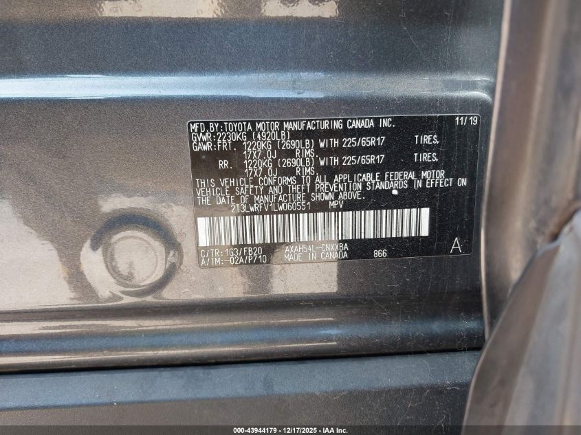 2020 Toyota Rav4 Hybrid Le VIN: 2T3LWRFV1LW060551 Lot: 43944179