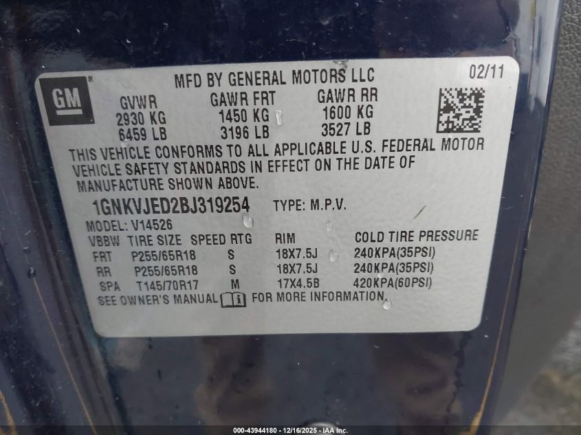 2011 Chevrolet Traverse 2Lt VIN: 1GNKVJED2BJ319254 Lot: 43944180