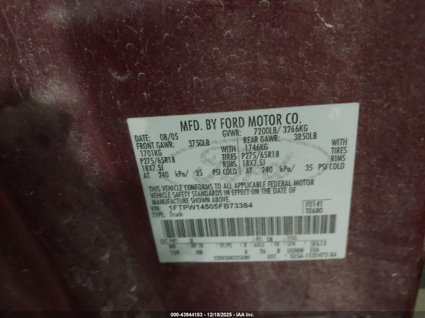 2005 Ford F-150 Fx4/Lariat/Xlt VIN: 1FTPW14505FB73384 Lot: 43944183