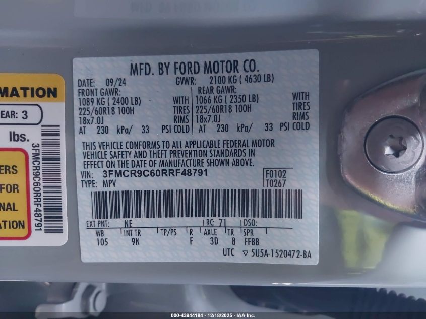 2024 Ford Bronco Sport Outer Banks VIN: 3FMCR9C60RRF48791 Lot: 43944184