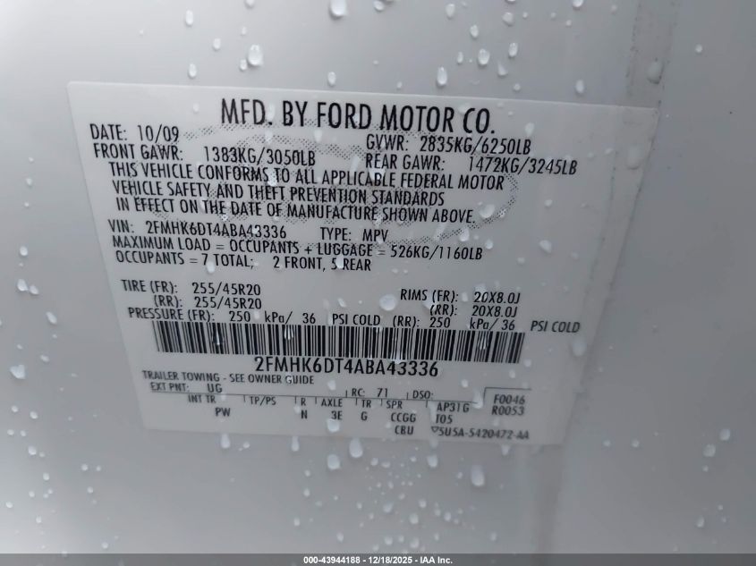 2010 Ford Flex Limited VIN: 2FMHK6DT4ABA43336 Lot: 43944188