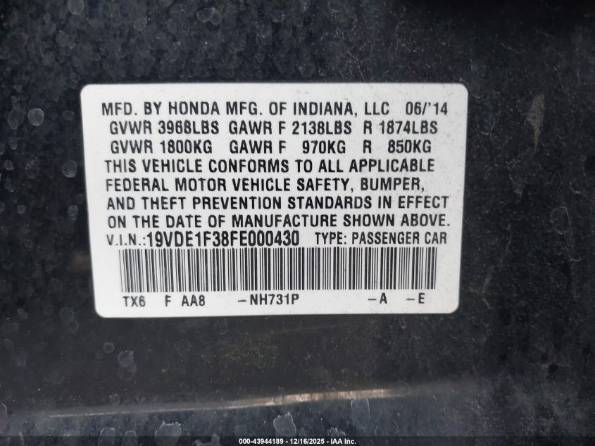 2015 Acura Ilx 2.0L VIN: 19VDE1F38FE000430 Lot: 43944189