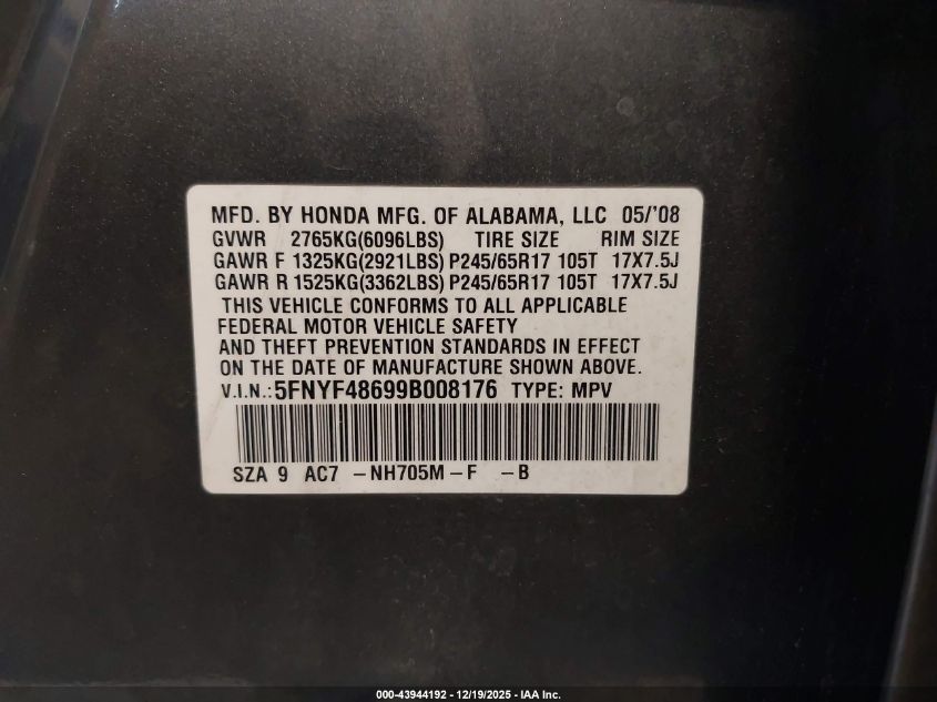 2009 Honda Pilot Ex-L VIN: 5FNYF48699B008176 Lot: 43944192