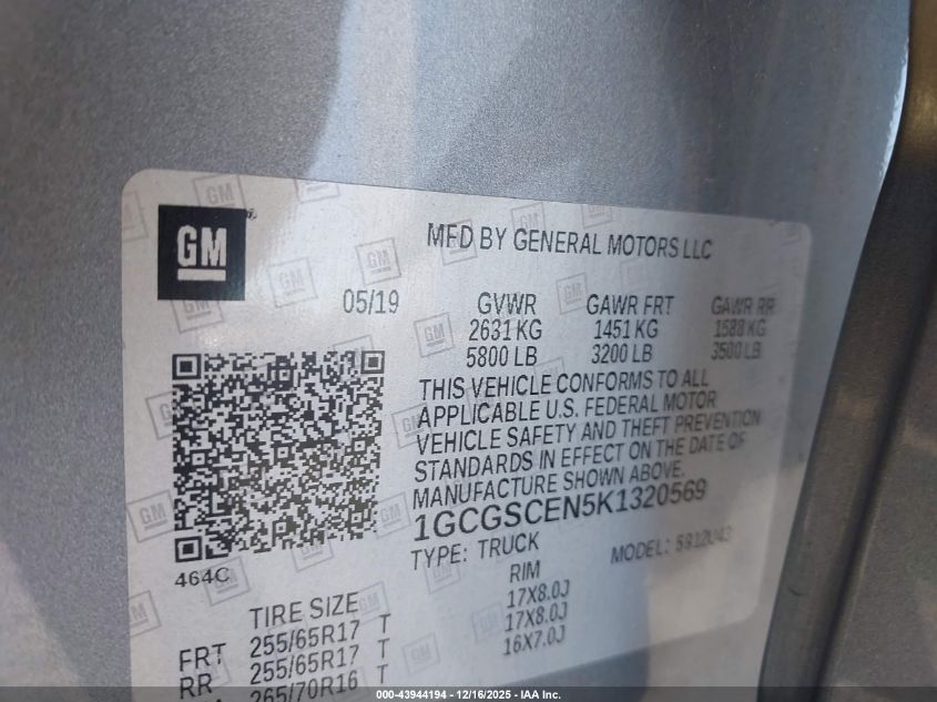 2019 Chevrolet Colorado Lt VIN: 1GCGSCEN5K1320569 Lot: 43944194