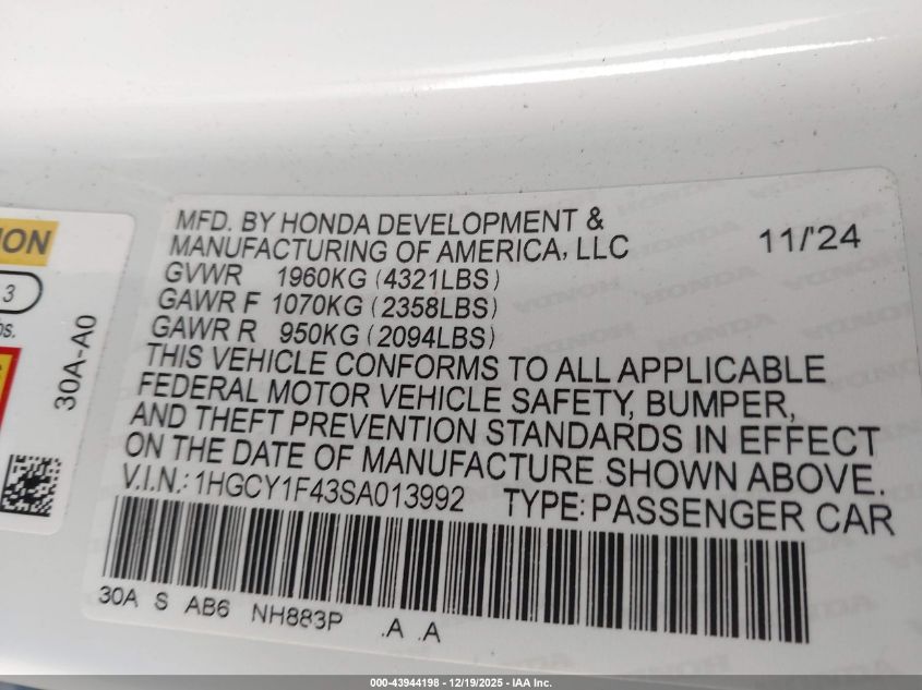 2025 Honda Accord Se VIN: 1HGCY1F43SA013992 Lot: 43944198