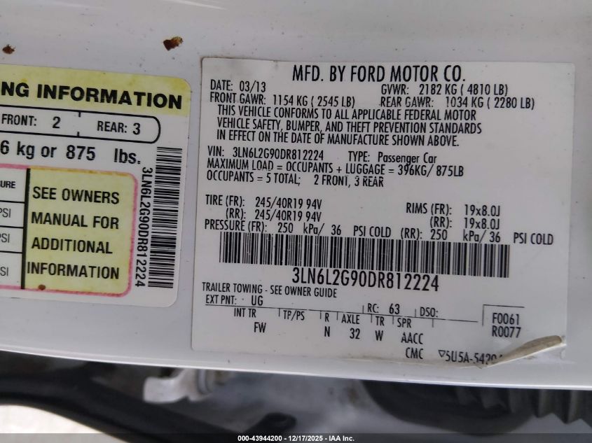 2013 Lincoln Mkz VIN: 3LN6L2G90DR812224 Lot: 43944200