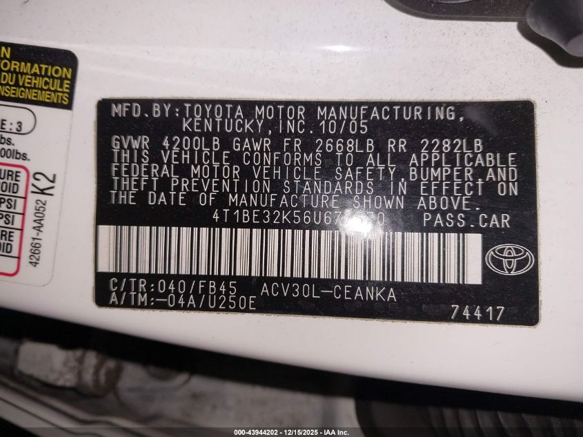 2006 Toyota Camry Le VIN: 4T1BE32K56U677570 Lot: 43944202