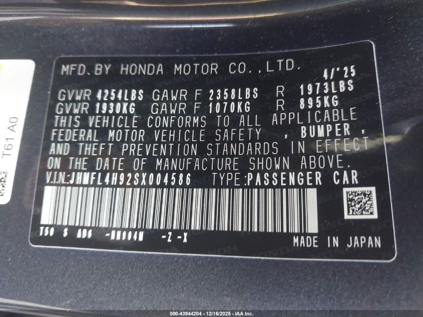2025 Honda Civic Hybrid Sport Touring VIN: JHMFL4H92SX004586 Lot: 43944204