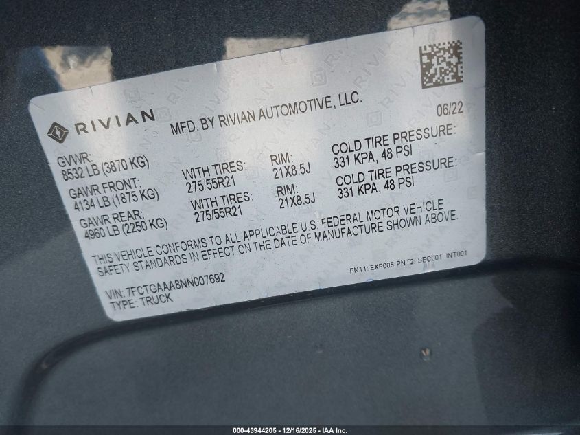 2022 Rivian R1T Adventure VIN: 7FCTGAAA8NN007692 Lot: 43944205