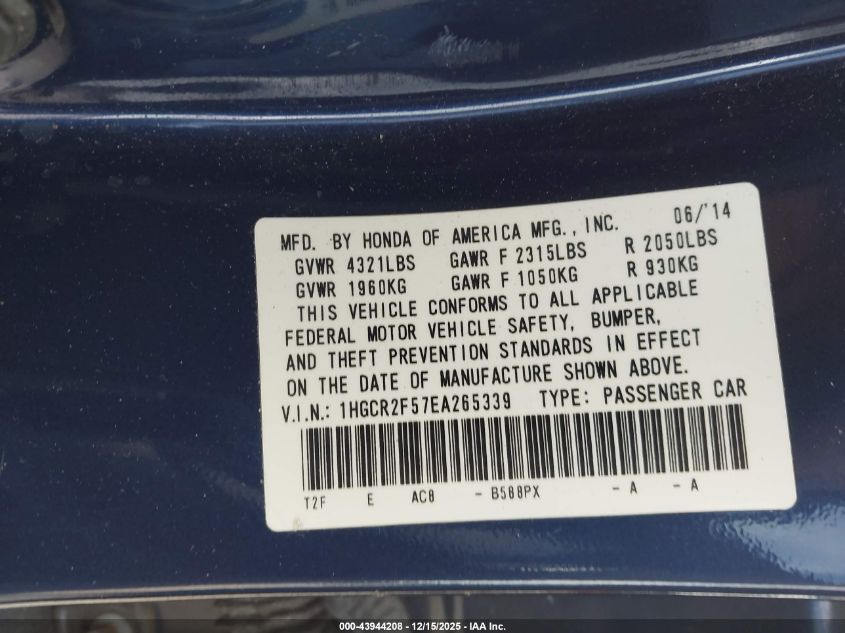 2014 Honda Accord Sport VIN: 1HGCR2F57EA265339 Lot: 43944208