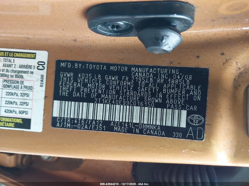 2009 Toyota Matrix S VIN: 2T1KE40E99C016150 Lot: 43944210