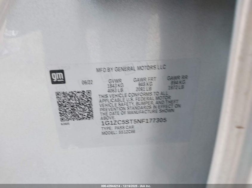 2022 Chevrolet Malibu Fwd 1Fl VIN: 1G1ZC5ST5NF177305 Lot: 43944214
