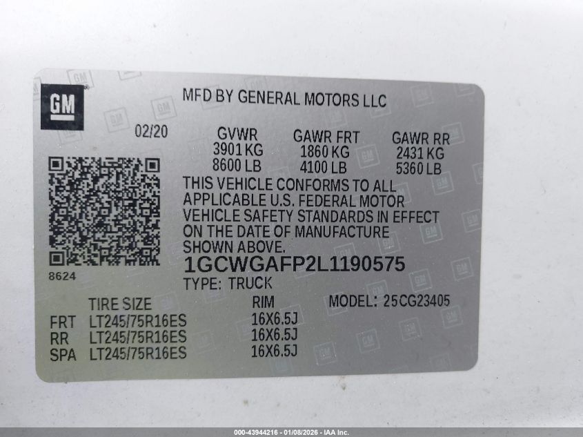 2020 Chevrolet Express Cargo Rwd 2500 Regular Wheelbase Wt