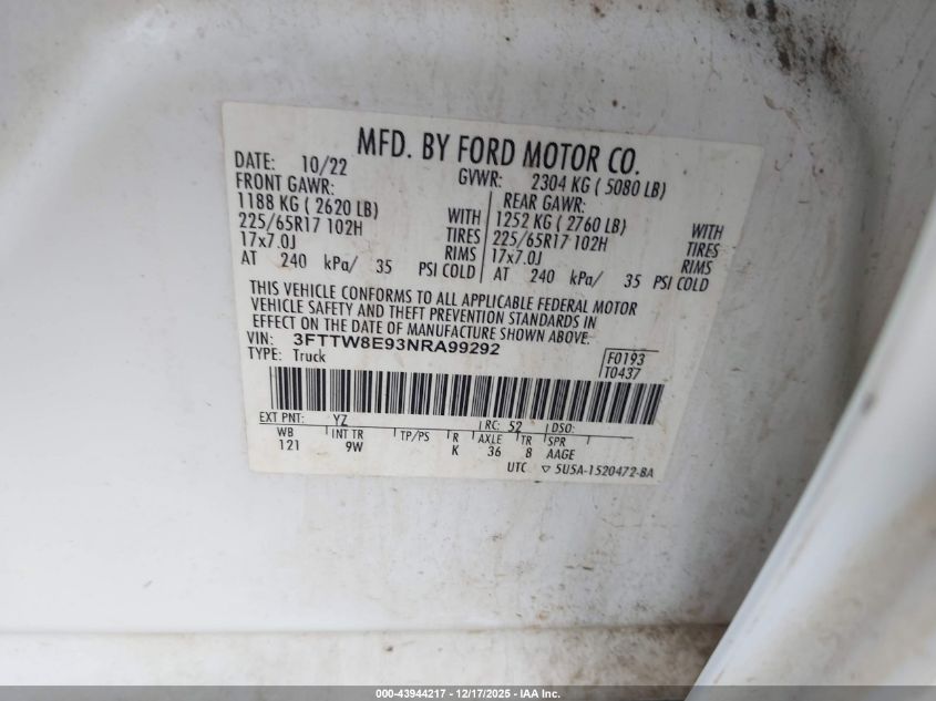 2022 Ford Maverick Xl VIN: 3FTTW8E93NRA99292 Lot: 43944217