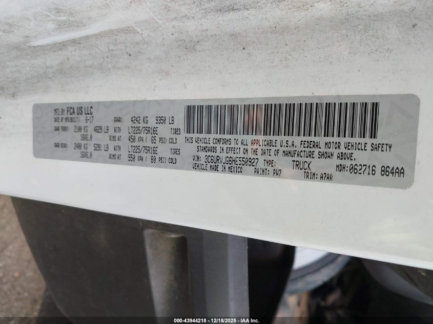 2017 Ram Promaster 3500 Cargo Van High Roof 159 Wb Ext VIN: 3C6URVJG6HE550927 Lot: 43944218