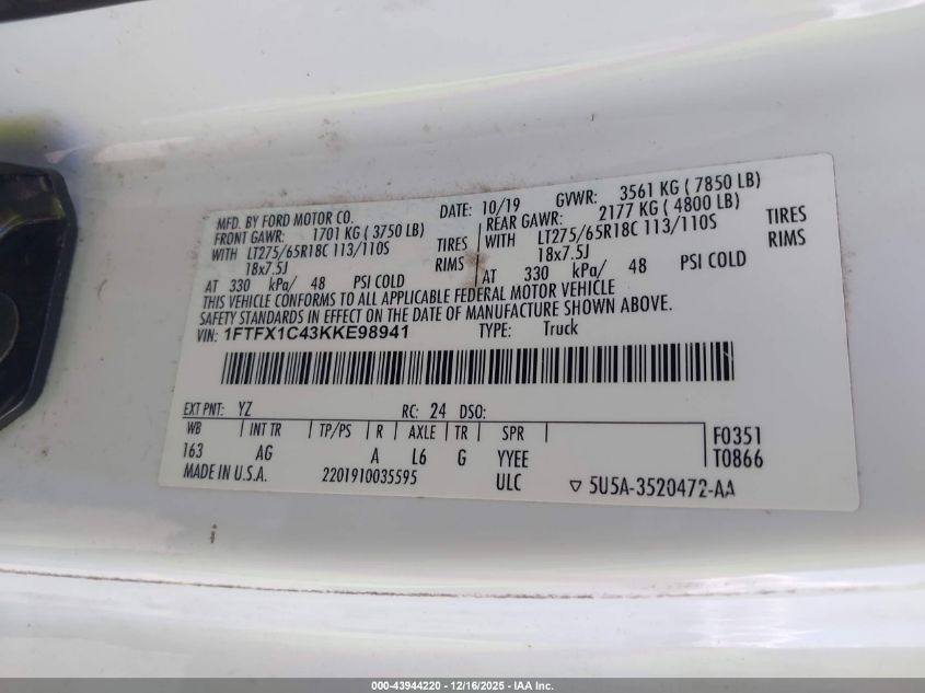 2019 Ford F-150 Xl VIN: 1FTFX1C43KKE98941 Lot: 43944220