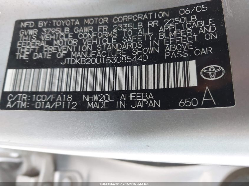 2005 Toyota Prius VIN: JTDKB20U153085440 Lot: 43944222