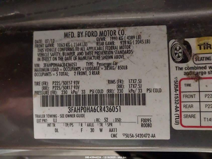 2012 Ford Fusion Se VIN: 3FAHP0HA6CR436051 Lot: 43944224