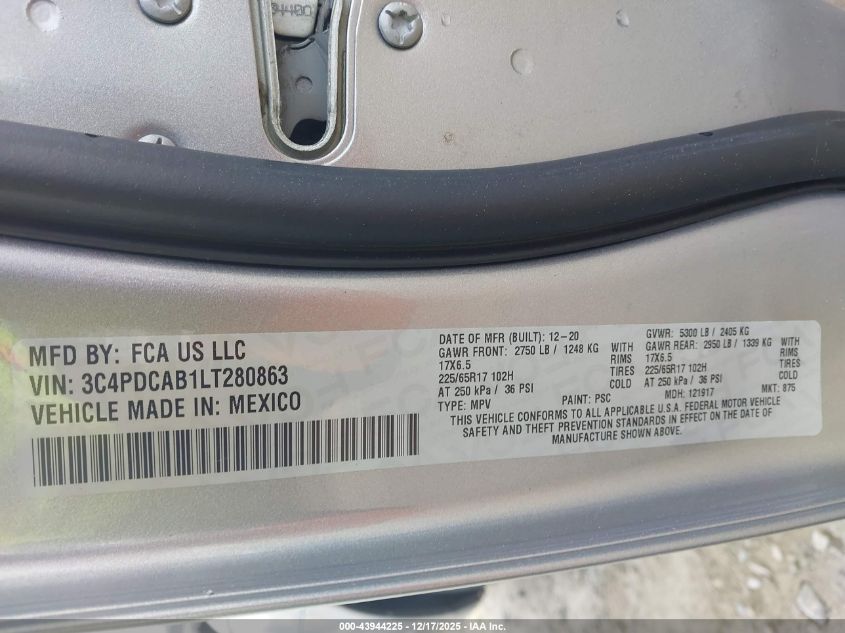2020 Dodge Journey Se Value VIN: 3C4PDCAB1LT280863 Lot: 43944225