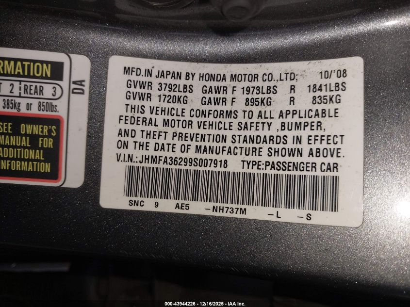 2009 Honda Civic Hybrid VIN: JHMFA36299S007918 Lot: 43944226