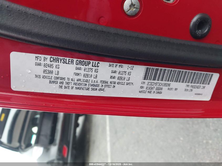 2012 Dodge Challenger R/T VIN: 2C3CDYBT3CH189206 Lot: 43944227