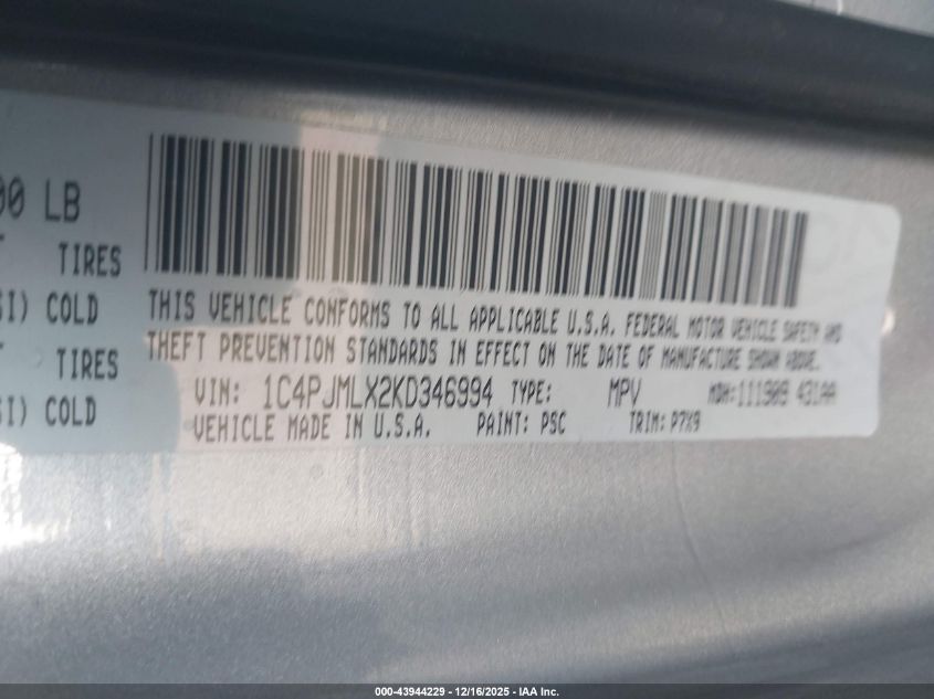 2019 Jeep Cherokee Latitude Plus 4X4 VIN: 1C4PJMLX2KD346994 Lot: 43944229