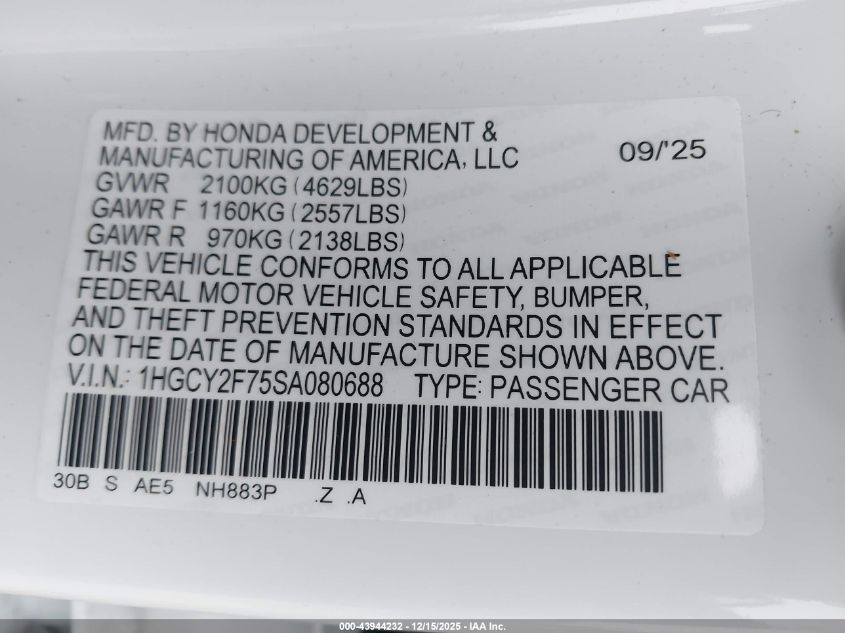 2025 Honda Accord Hybrid Sport-L VIN: 1HGCY2F75SA080688 Lot: 43944232