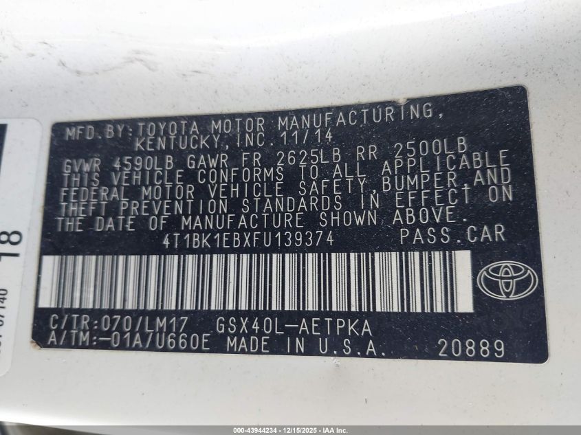 2015 Toyota Avalon Limited VIN: 4T1BK1EBXFU139374 Lot: 43944234