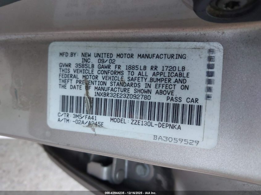 2003 Toyota Corolla Le VIN: 1NXBR32E23Z092780 Lot: 43944235