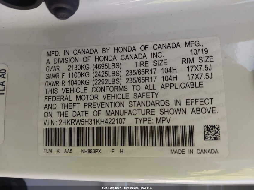 2019 Honda Cr-V Lx VIN: 2HKRW5H31KH422107 Lot: 43944237