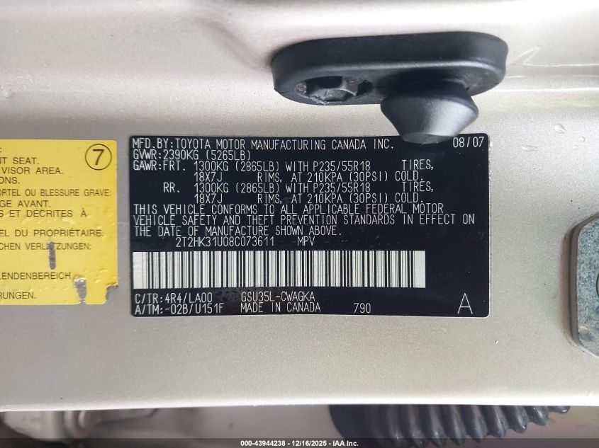 2008 Lexus Rx 350 VIN: 2T2HK31U08C073611 Lot: 43944238