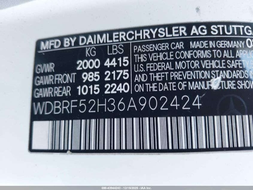 2006 Mercedes-Benz C 230 Sport VIN: WDBRF52H36A902424 Lot: 43944243