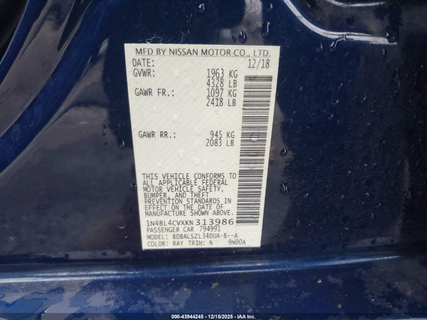 2019 Nissan Altima 2.5 Sr VIN: 1N4BL4CVXKN313986 Lot: 43944245