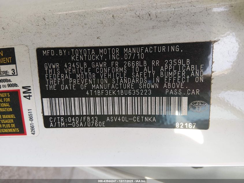 2011 Toyota Camry Le VIN: 4T1BF3EK1BU635223 Lot: 43944247