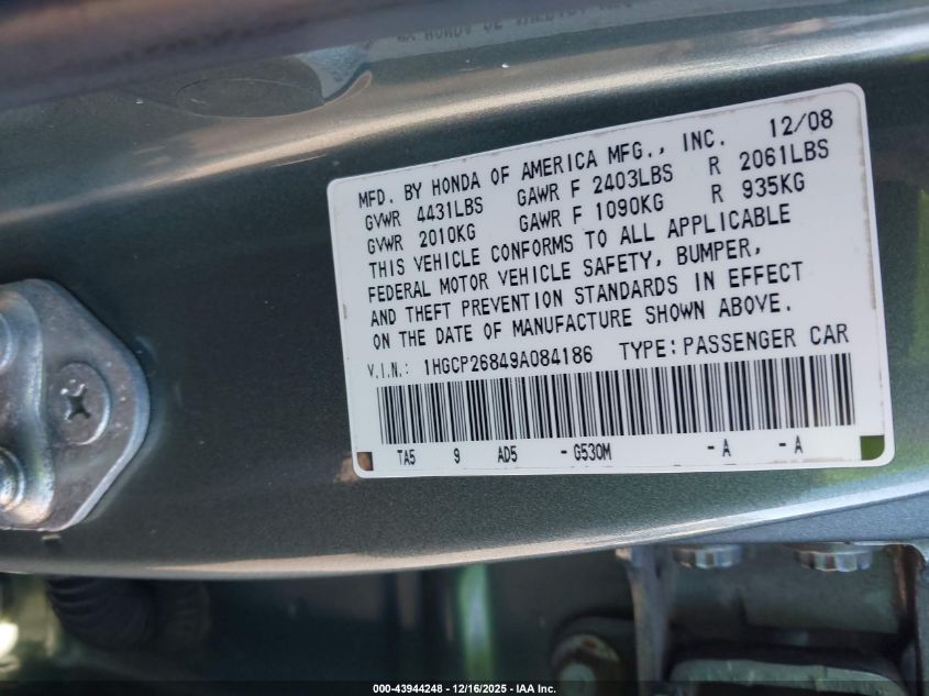 2009 Honda Accord 2.4 Ex-L VIN: 1HGCP26849A084186 Lot: 43944248