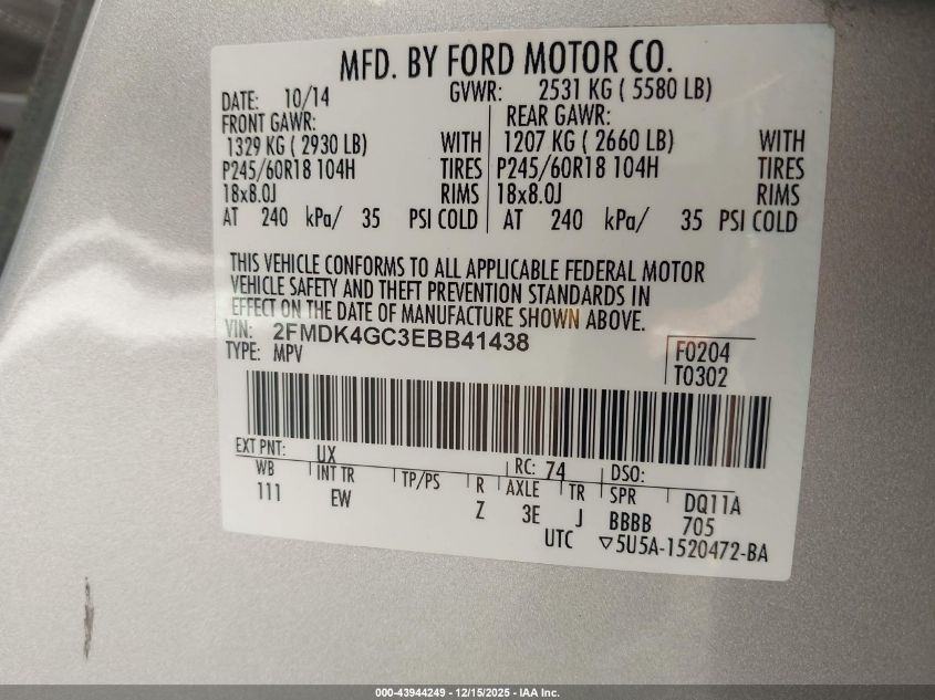 2014 Ford Edge Se VIN: 2FMDK4GC3EBB41438 Lot: 43944249