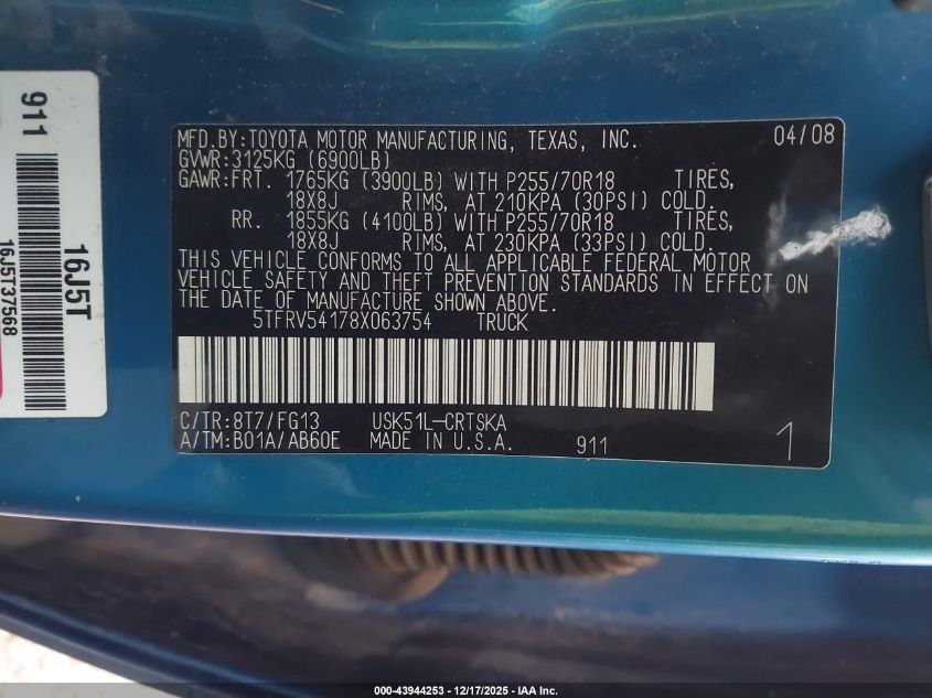 2008 Toyota Tundra Sr5 5.7L V8 VIN: 5TFRV54178X063754 Lot: 43944253