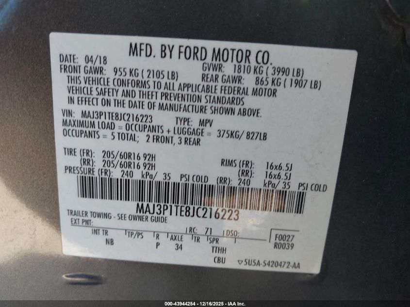 2018 Ford Ecosport Se VIN: MAJ3P1TE8JC216223 Lot: 43944254