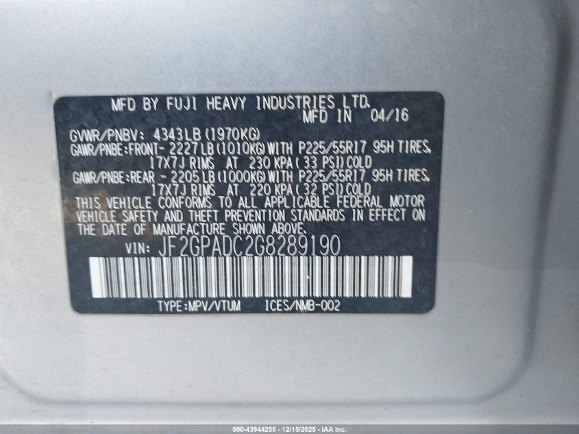 2016 Subaru Crosstrek 2.0I Premium VIN: JF2GPADC2G8289190 Lot: 43944255