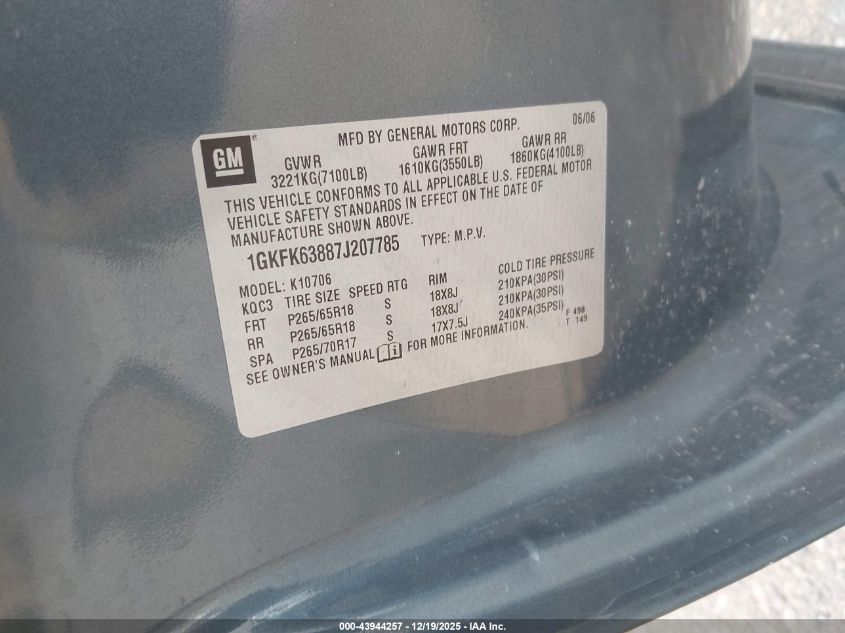 2007 GMC Yukon Denali VIN: 1GKFK63887J207785 Lot: 43944257