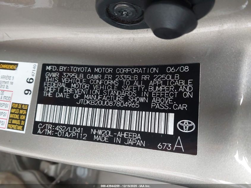 2008 Toyota Prius Touring VIN: JTDKB20U087804965 Lot: 43944259