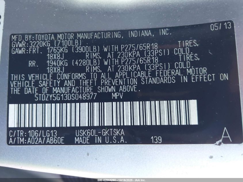 2013 Toyota Sequoia Sr5 5.7L V8 VIN: 5TDZY5G13DS048977 Lot: 43944260