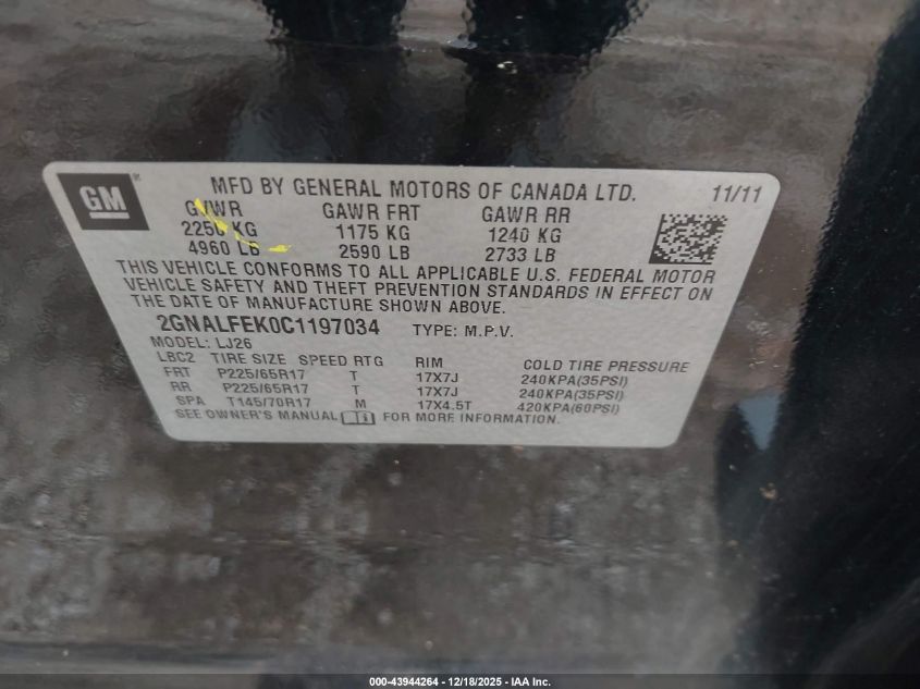 2012 Chevrolet Equinox Ltz VIN: 2GNALFEK0C1197034 Lot: 43944264