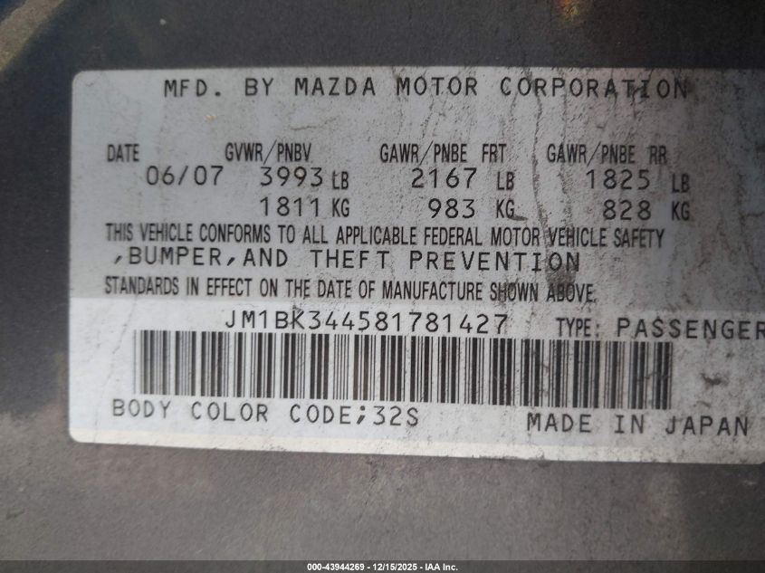 2008 Mazda Mazda3 S Sport VIN: JM1BK344581781427 Lot: 43944269