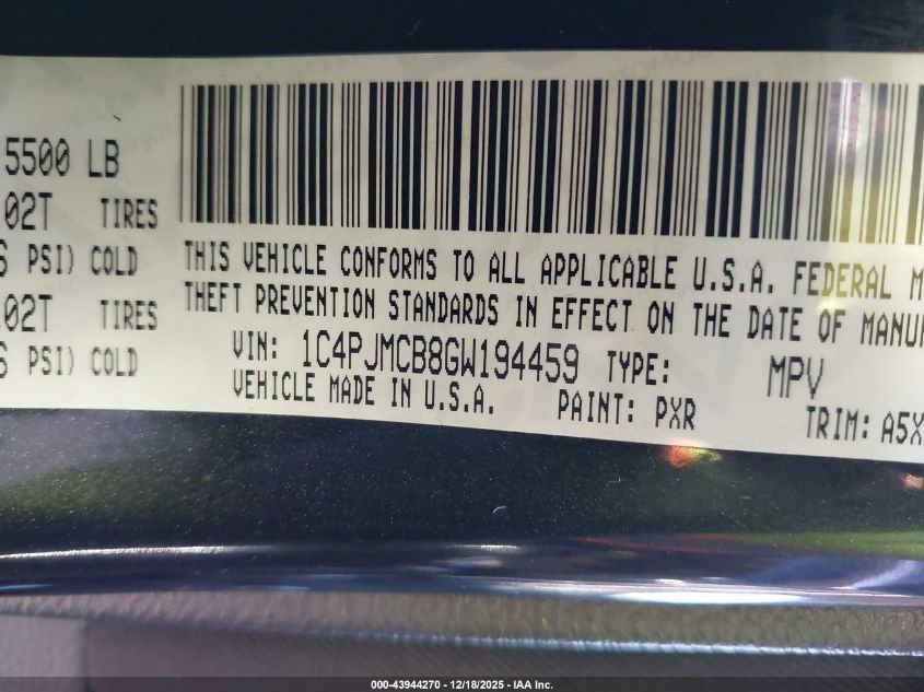 2016 Jeep Cherokee Latitude VIN: 1C4PJMCB8GW194459 Lot: 43944270